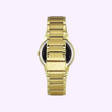 The Citizen AU1062-56E Axiom Eco-Drive Gold Stainless Steel Strap Men’s Watch by Citizen Watches is displayed from the back, showcasing its linked bracelet and clasp. The round watch case and crown are partially visible against a light purple background.