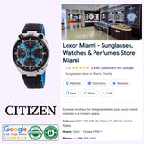A Citizen Watches Promaster Tsuno Chrono Racer AV0106-01L is displayed next to a Google listing for Lexor Miami, a 5-star store selling sunglasses, watches, and perfumes, with its hours, address, and contact info shown.