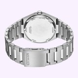 The back view of the Citizen Watches Zenshin Three-hand AW0130-85X showcases its stainless steel bracelet, clasp engraved with CITIZEN, and detailed engravings on the watch’s case back.