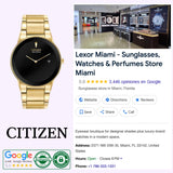 A Citizen AU1062-56E Axiom Eco-Drive Gold Stainless Steel Strap Men’s Watch from Citizen Watches is shown next to a Google listing for Lexor Miami, a Florida store offering sunglasses, watches, and perfumes, with a 5-star rating and store details.