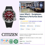 The Citizen Watches Promaster Dive E365 BN1024-01Z, featuring a bold red dial and sleek black strap, is displayed alongside a Google listing for Lexor Miami—a premier luxury sunglasses and watch retailer in Miami—with clear reviews and store information, making it an ideal showcase for this professional diver’s watch from Citizen Watches.