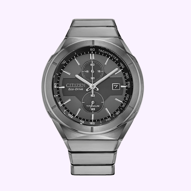 Citizen CA7050-57H Super Titanium Eco-Drive watch front view in silver