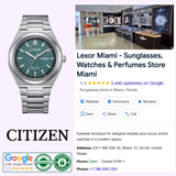 On the left is the Citizen Watches Zenshin Three-hand AW0130-85X by Citizen Watches. On the right, a Google business listing for Lexor Miami—a retailer of sunglasses, watches, and perfumes—appears, displaying images of the store along with review badges below. This stylish timepiece features Eco-Drive movement for reliable performance.