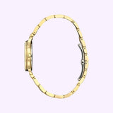 Side view of the Citizen Watches EM1052-51A Classic Coin Edge (UPC: 013205157547), a gold-tone stainless steel wristwatch with a linked band, shown on a light purple background.