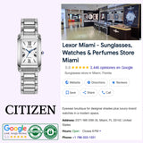 A Citizen Watches Citizen L Bianca EW5620-55A, a women’s luxury watch from Citizen Watches, featuring Eco-Drive technology, is displayed next to a Google listing for Lexor Miami—a retailer offering sunglasses, watches, and perfumes—with store information, hours of operation, contact details, and Google reviews.