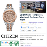 Sure! Here’s a rewritten version using your product data: A Citizen Watches EO1226-59X Peyten, featuring an elegant two-tone stainless steel design (UPC: 013205149412), is displayed in a modern eyewear boutique interior alongside the Lexor Miami store’s Google listing, CITIZEN logo, review ratings, and contact details and address.
