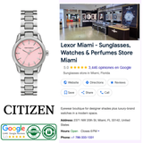 A silver wristwatch with a pink face—echoing the minimalist luxury aesthetic—features a Citizen logo, Google reviews icons, and an image of the Lexor Miami store interior complete with displays of sunglasses and watches. The display also presents contact details and the store rating, creating an elegant atmosphere ideal for discovering timepieces such as the Tory Burch Watches THE MILLER ROUND SMALL TBW9065 Women from Tory Burch Watches.