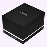A black Citizen Watches box with white lettering, closed and displayed on a light pink background—an ideal presentation for the Citizen Watches TSUYOSA 60 NK0023-57L automatic watch with its striking blue sunray dial.