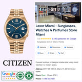 A Citizen Watches TSUYOSA 60 NK0023-57L automatic watch in gold with a vibrant blue sunray dial is displayed beside a Google search result for Lexor Miami, a retailer offering sunglasses, watches, and perfumes. The search result shows store information, reviews, and contact details.