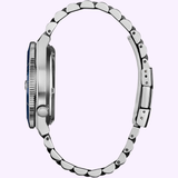 A Citizen Watches TSUYOSA Shore NJ0230-59L by Citizen Watches, featuring a silver metal band, is displayed in a side profile view that emphasizes the thickness of its automatic case and showcases the detailed clasp and links against a light background.