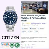 A Citizen Watches TSUYOSA Shore NJ0230-59L automatic watch featured at Lexor Miami, with their Google listing, ratings, photos of the store interior, a showcase of the blue sunray dial, store address and contact information, plus various rating badges.