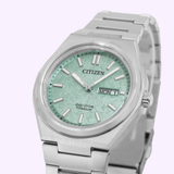 Introducing the Citizen Watches Zenshin Three-hand AW0130-85X, a men’s watch by Citizen Watches. This timepiece features a mint green textured dial with silver hour markers, a sleek metal bracelet, and an elegant day-date display at 3 o’clock. Powered by reliable Eco-Drive movement, it combines style and innovation for everyday wear.