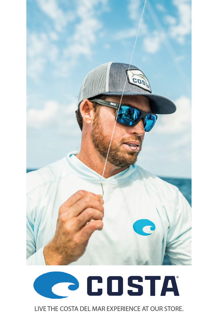 A man wearing a gray Costa hat, blue reflective sunglasses, and a light blue shirt with the Costa logo holds a fishing line on a boat with the ocean and cloudy sky in the background. Costa logo and slogan appear below.