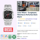 A Diesel Watches DZ4661 (UPC: 4064092261639) silver men's stainless steel chronograph wristwatch by Diesel Watches is featured, alongside the Diesel logo, Google reviews, and details about Lexor Miami—a boutique specializing in sunglasses, watches, and perfume. The image also showcases a photo of the store’s modern interior.