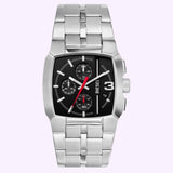 The Diesel Watches DZ4661 (UPC: 4064092261639) is a men’s stainless steel timepiece from Diesel Watches, showcasing a silver-tone case, a rectangular black dial with three subdials, a distinctive red second hand, and a metal link bracelet. This bold chronograph also features date display at the 3 o’clock position.