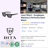 A collage featuring Dita Sunglasses DLS708-A-01 LSA-708 by Dita Sunglasses—including luxury square frames with polarized Sea Lens technology—the DITA Eyewear logo, Google reviews, and a Google listing for Lexor Miami, a store offering sunglasses, watches, and perfumes with address, hours, phone number, and a 5-star rating.