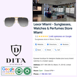 Lexor Miami’s ad highlights luxury eyewear with a focus on the Dita Sunglasses DRX-2087-J-WHT-GLD-64 from Dita Sunglasses, along with oversized shield sunglasses. The ad also showcases the store’s interior, logo, Google ratings, and contact information for Lexor Miami—a boutique specializing in designer sunglasses, watches, and perfumes.