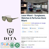 A Google business listing for Lexor Miami, a sunglasses and perfumes store, highlights DITA Eyewear with an image of luxury Dita Sunglasses DLS710-A-03 LSA-710, celebrated for their Japanese craftsmanship. The listing features details about the Dita Sunglasses brand and this specific model, customer reviews, location information, hours of operation, and contact details.