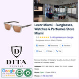 Experience true Japanese craftsmanship with the Dita Sunglasses DLS429-A-01 LSA-429, featured in this premium DITA Eyewear ad. Discover these iconic polarized sunglasses—adorned with the distinctive DITA logo—at Lexor Miami. Explore our elegant store interior with sophisticated display cases, browse Google reviews, and find our contact details as you shop a curated selection of sunglasses and perfumes, celebrating exceptional quality and timeless design from Dita Sunglasses.