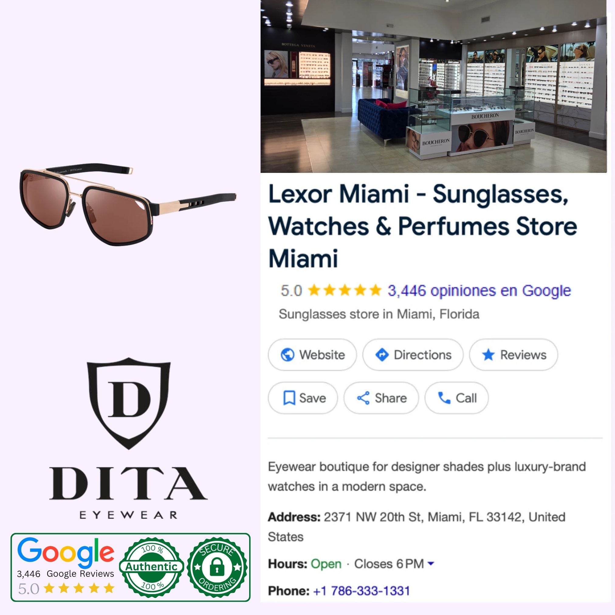 A collage showcasing Dita Sunglasses features the Dita Sunglasses Lancier and Maserati DLS333-A-01—premium polarized driving sunglasses celebrated for luxury performance eyewear. The image also displays the Google business listing for Lexor Miami, providing reviews, location details, contact information, and vivid images of the store’s interior.