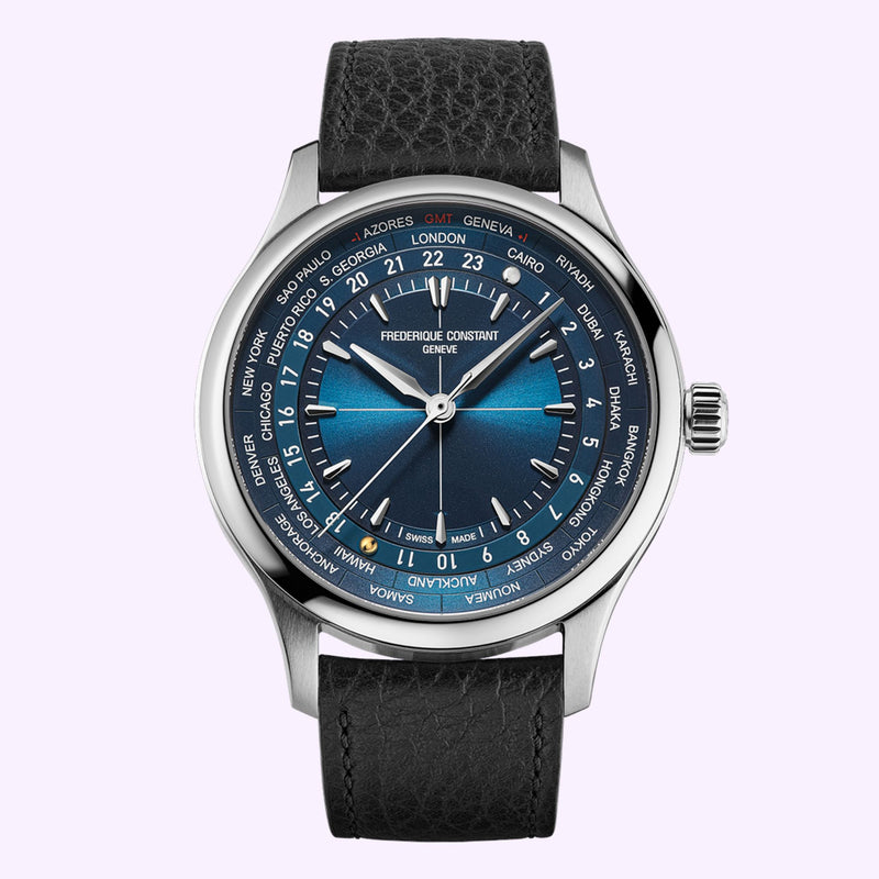 Angled view of the Frederique Constant Classic Worldtimer FC-718N4H6 world time dial