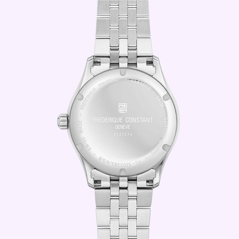 Case back and stainless steel bracelet detail of the Frederique Constant FC-530G3B6B automatic watch