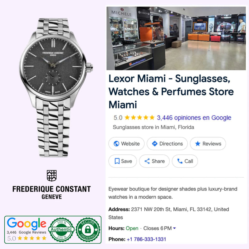 Lexor Miami showroom information alongside the Frederique Constant FC-530G3B6B, including authorized dealer badge and customer review rating