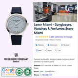 A Frederique Constant Classics Moneta Solarmetre FC-120LB3S6 watch is displayed with a blue strap and silver case, positioned beside a Google listing for Lexor Miami, a boutique offering sunglasses, watches, and perfumes, including location details, opening hours, reviews, and a photo of the store.