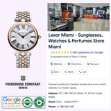 A Frederique Constant Watches Classics Art Deco Round FC-200MPW2AR2B, a sophisticated two-tone Swiss luxury women's watch, is displayed alongside an info card for Lexor Miami—a Miami eyewear and perfume store—that includes a store photo, address, contact details, and Google reviews.