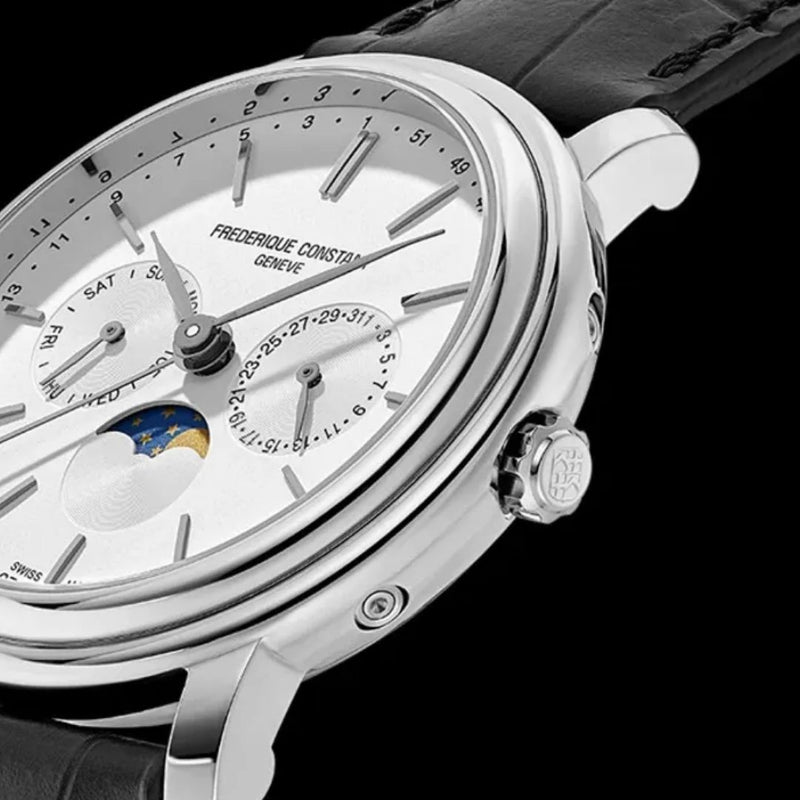 Close view of the Frederique Constant FC-270SW4P26 Business Timer dial showing day sub-dial, date sub-dial, moonphase window and week number scale