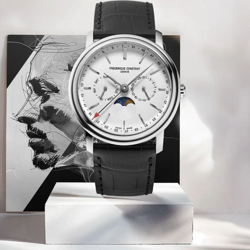 Frederique Constant FC-270SW4P26 Business Timer moonphase dress watch with black leather strap displayed at Lexor Miami