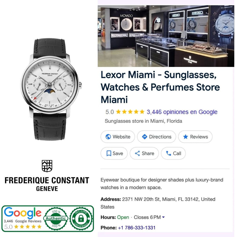 Frederique Constant Classics Index Business Timer FC-270SW4P26 with silver dial, day, date, week and moonphase indications and black leather strap at Lexor Miami