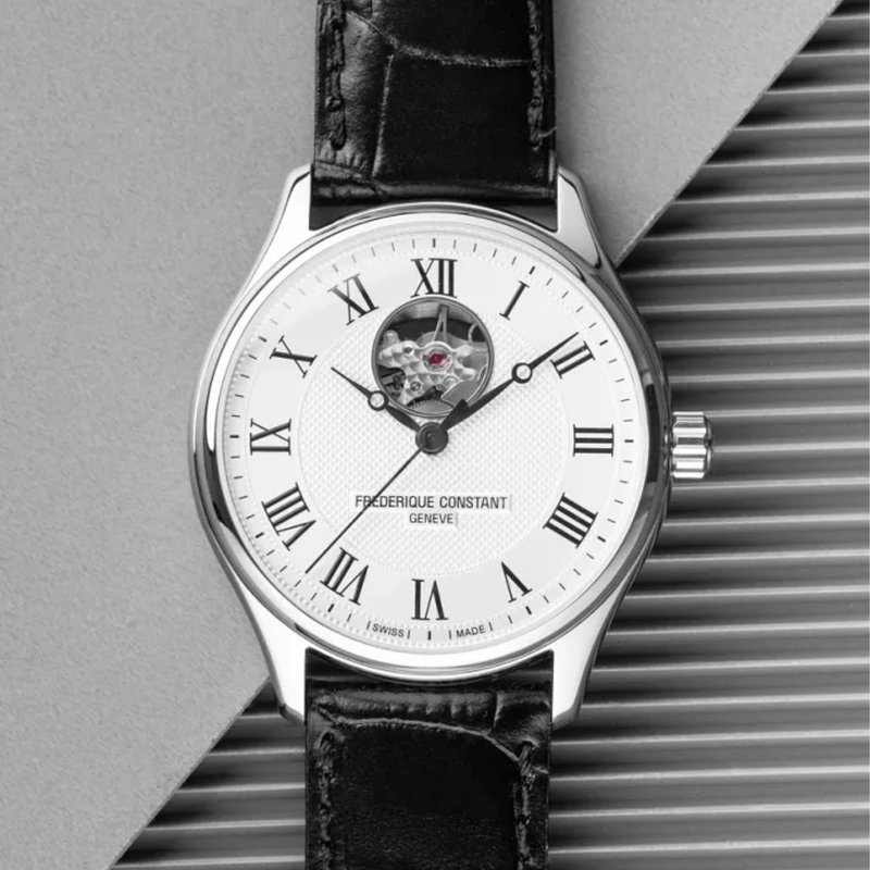 Angled view of the Frederique Constant FC-310MC5B6 automatic Swiss luxury watch showing the case, dial, and strap