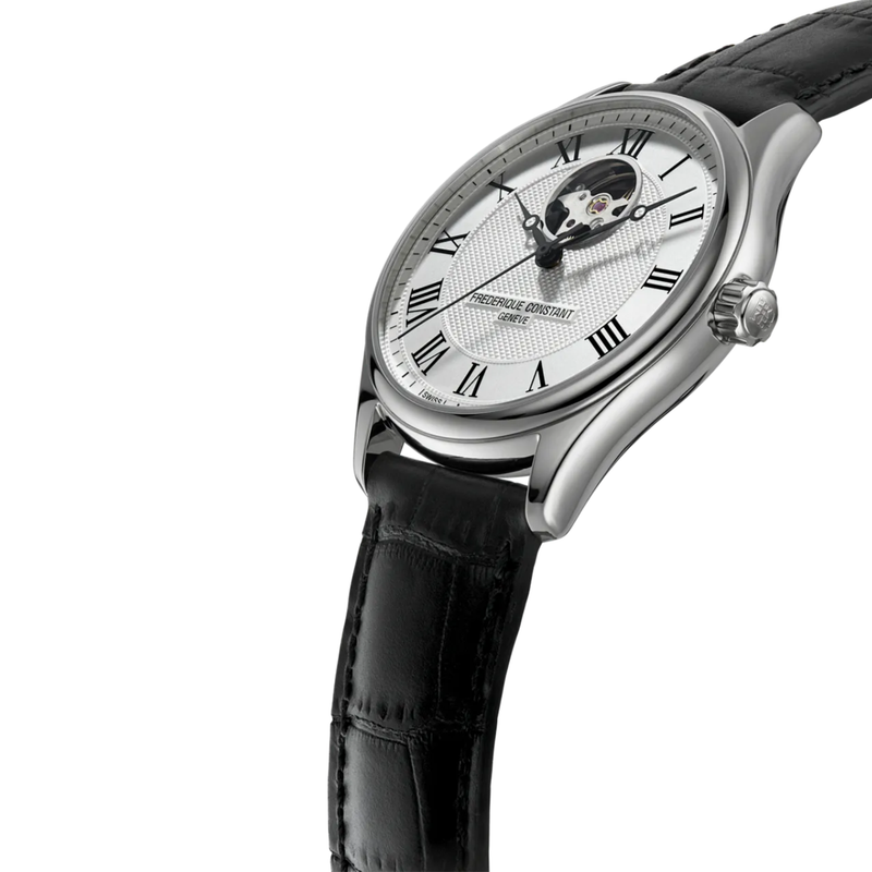 Frederique Constant FC-310MC5B6 Swiss automatic dress watch worn on the wrist, showing the silver dial and black leather strap