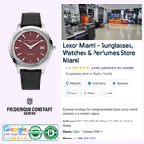 A Frederique Constant Classics Moneta Solarmetre FC-120BRG3S6 Swiss dress watch, renowned for its refined design and sapphire crystal, is displayed next to a business profile for Lexor Miami—a contemporary eyewear and watch boutique—featuring store details, Google reviews, ratings, badges, and contact information.