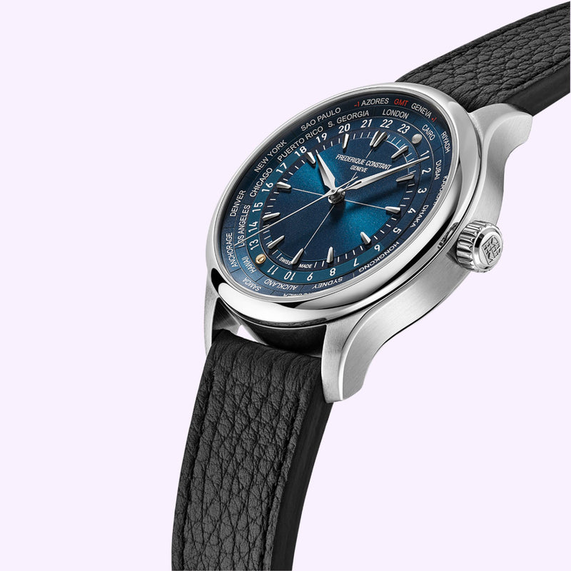 Black leather strap detail on the Frederique Constant Worldtimer FC-718N4H6
