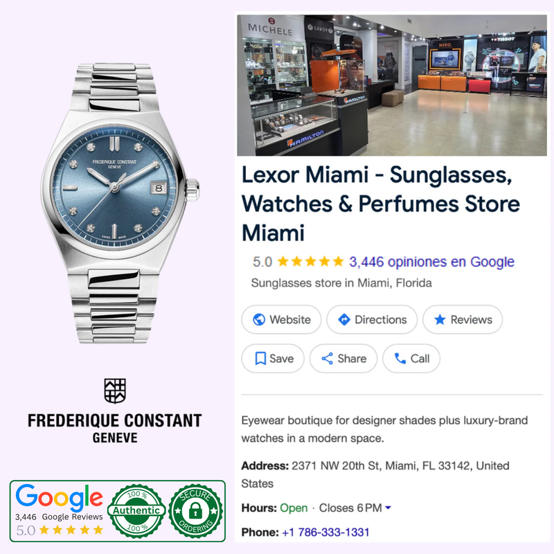 Frederique Constant FC-240LND2NH26B watch displayed beside a Google Business listing for Lexor Miami with reviews and business hours