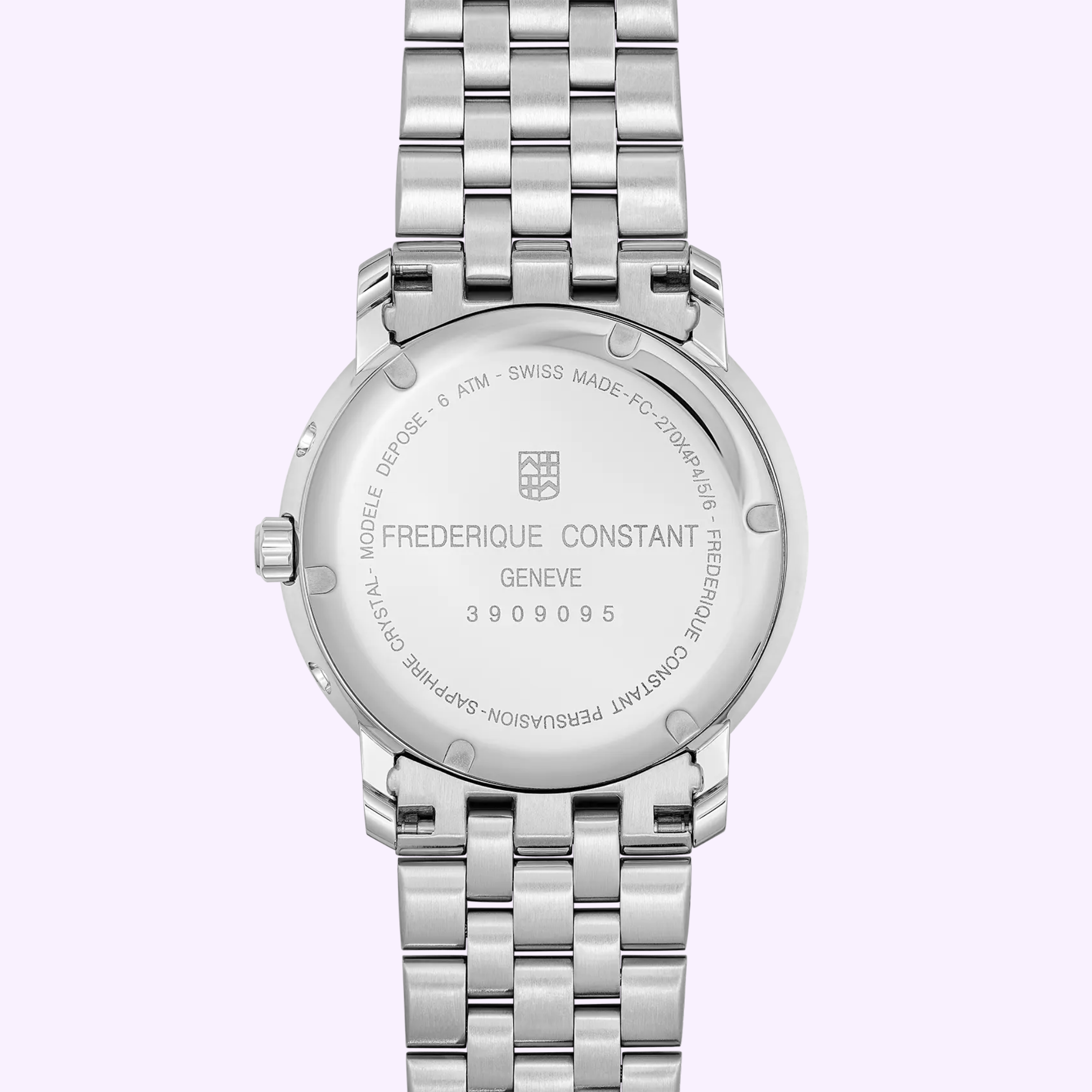 Back view of a Frederique Constant Watches Index Business Timer FC-270N4P6B in silver with a stainless steel link bracelet. The case features engraved brand details, model number, water resistance, and sapphire crystal information.
