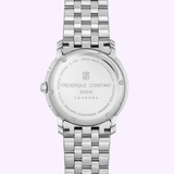 Back view of a Frederique Constant Watches Index Business Timer FC-270N4P6B in silver with a stainless steel link bracelet. The case features engraved brand details, model number, water resistance, and sapphire crystal information.