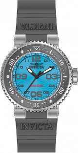 A digital illustration of the Invicta Watches 32554 Pro Diver men's watch, featuring a gray silicone strap, silver bezel, and blue face with bold numbers and hands. The Invicta logo is displayed on both the strap and dial.