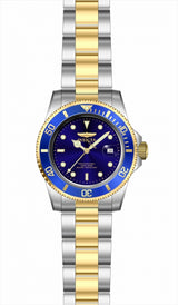 The Invicta Men's 26972 Pro Diver Quartz 3 H watch by Invicta Watches features a two-tone gold/silver strap, blue bezel and dial, luminous markers, date display, gold crown, and displays the Invicta logo on the face.
