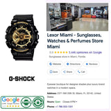 Experience the CASIO G-Shock Watch ANALOG-DIGITAL GA110GB-1A by G-Shock Watches at Lexor Miami, a highly-rated store specializing in sunglasses, watches, and perfume. Discover the shop’s inviting interior and display cases as you explore the shock-resistant analog-digital watch highlights. Full store details—including address, hours, website, and phone number—are provided for your convenience.