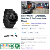 Garmin Watches MARQ® Commander (Gen 2) Carbon Edition 010-02722-00 displaying navigation and elevation data, alongside a store profile for Lexor Miami featuring its location, contact information, and review rating.