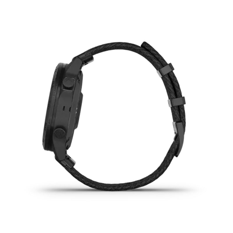 Side view of the Garmin MARQ Commander Gen 2 fused carbon fiber case with textured strap