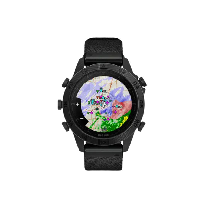 Garmin MARQ Commander Gen 2 Carbon Edition showing a multi-colored weather radar map on its AMOLED screen