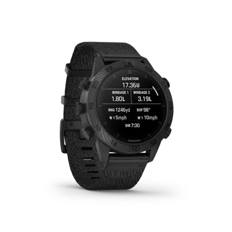 Garmin MARQ Commander Gen 2 Carbon Edition 010-02722-00 front view showing the ballistics screen with elevation, windage and range data on a nylon strap