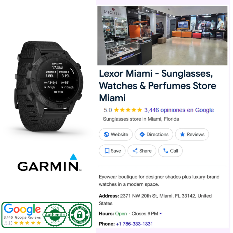 Garmin MARQ Commander Gen 2 Carbon Edition navigation and elevation screen alongside the Lexor Miami store profile
