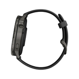 Side view of a dark-colored Garmin Watches Venu® 4 – 45 mm 010-03014-00 GPS smartwatch with a black silicone band.
