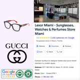 Collage featuring Gucci Sunglasses boutique in Miami, Gucci logo, designer eyewear displays, Google reviews, store location and phone number, plus authenticity badges. Text highlights sunglasses, watches, perfumes, Italian luxury brands—including Gucci Optical Frames GG1863O-001 51—and detailed store information.