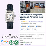 Collage featuring the Hamilton Watches American Classic Boulton Small Second Quartz H13321611, Lexor Miami sunglasses and perfumes store interior, Google 5-star review details, store address, phone number, plus authenticity and Google rating badges.